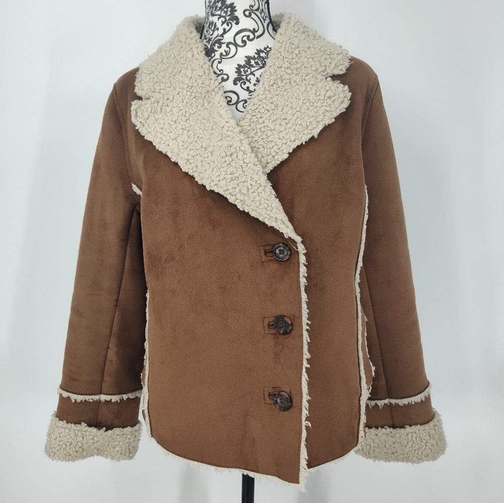 Calvin Klein Brown Faux Suede Pea Coat with Cream Sherpa Size Large